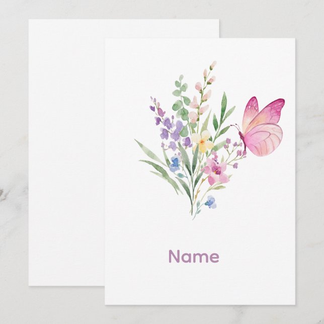 Invitation Watercolor Wildflower Bouquet with Pink Butterfly (Devant / Derrière)