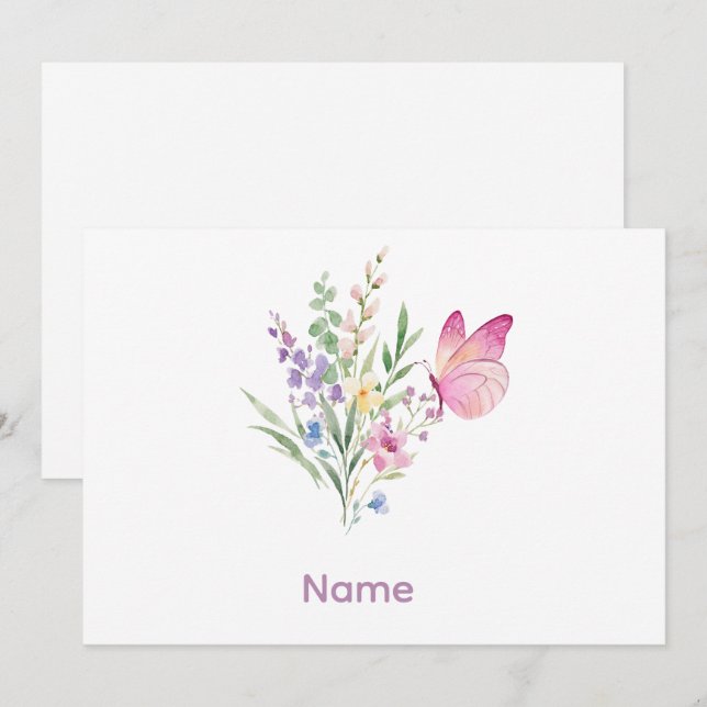 Invitation Watercolor Wildflower Bouquet with Pink Butterfly (Devant / Derrière)