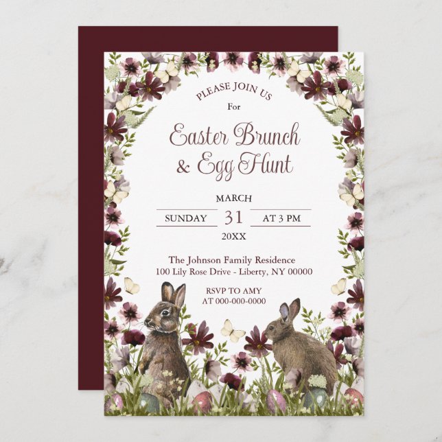 Invitation Watercolor Wildflower Bunnies Easter Sunday Brunch (Devant / Derrière)