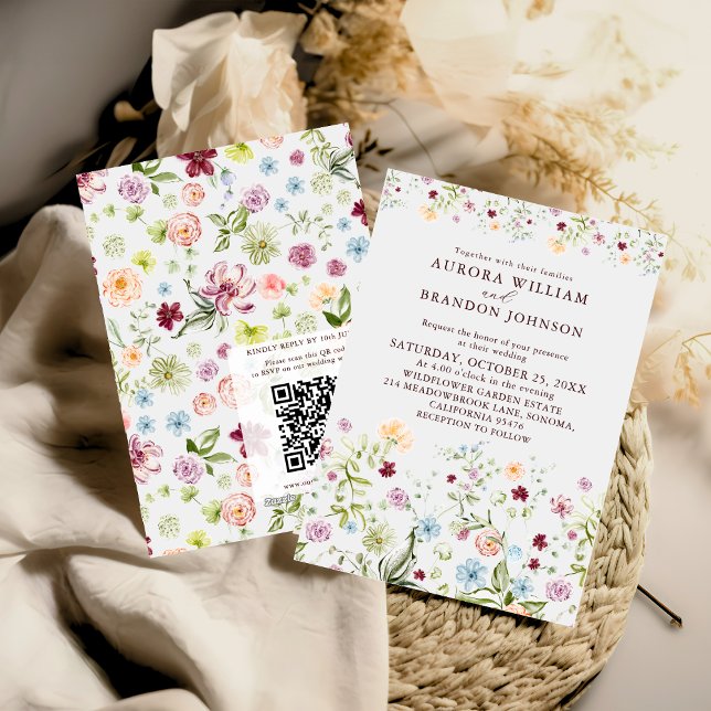Invitation Watercolor Wildflower Garden QR Code RSVP Wedding  (Créateur téléchargé)