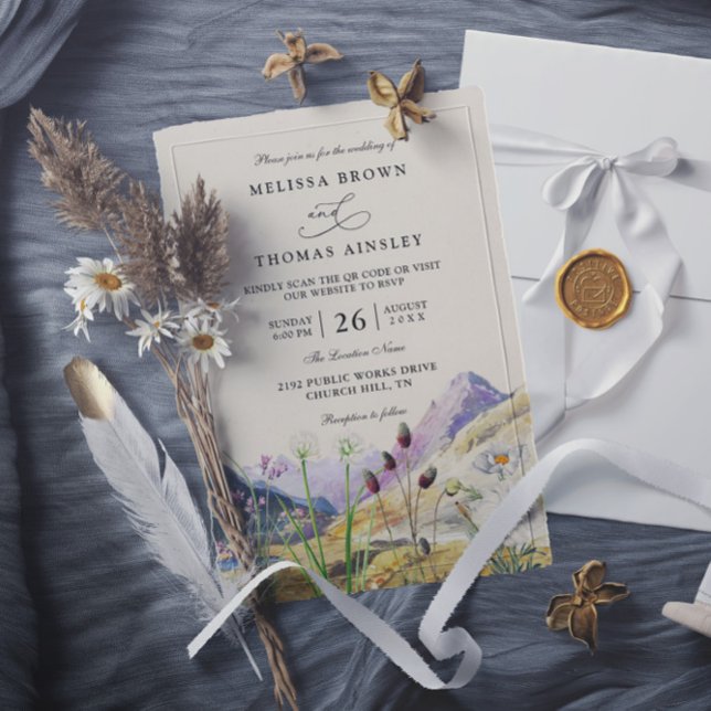 Invitation Watercolor Wildflower Mountain QR Code Wedding (Créateur téléchargé)