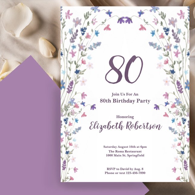 Invitation Watercolor Wildflowers Women's 80th Birthday  (Créateur téléchargé)