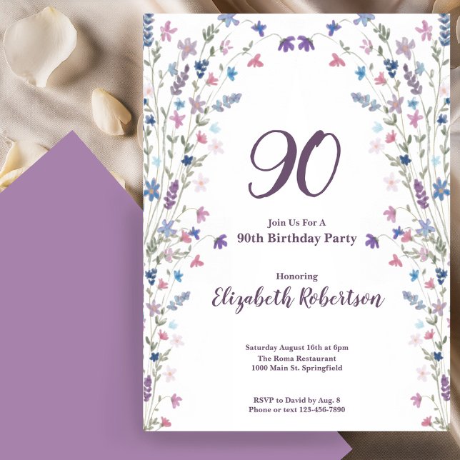 Invitation Watercolor Wildflowers Women's 90th Birthday  (Créateur téléchargé)