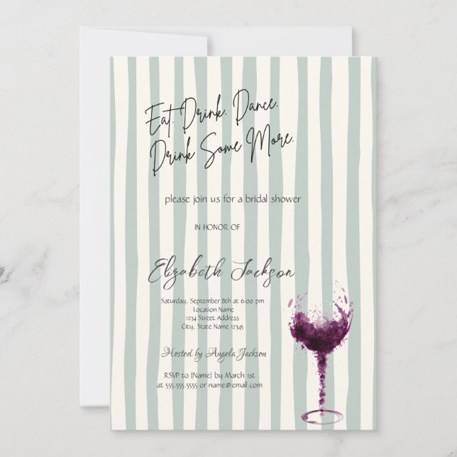 Invitation Watercolor Wine Glass Green Striped Bridal Shower (Devant)