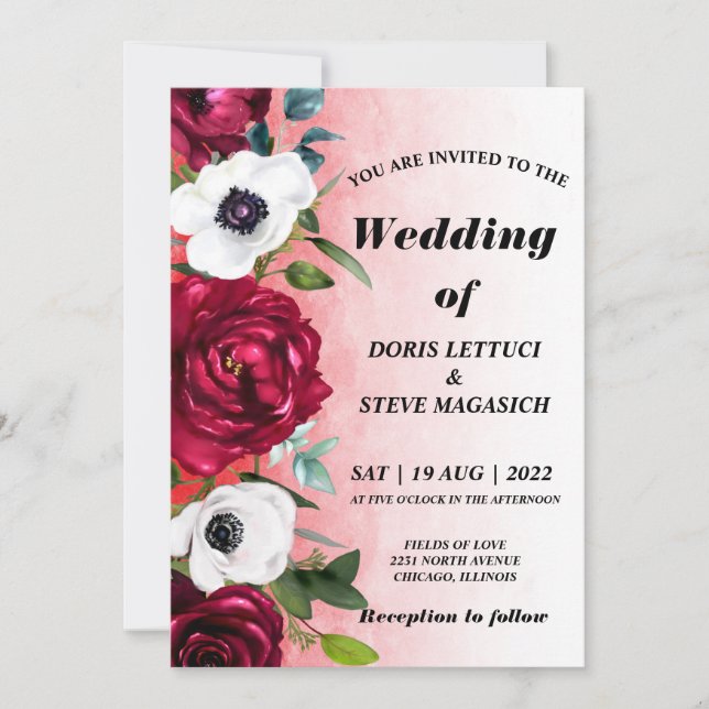 Invitation Watercolor Wine Red White Floral wedding  (Devant)