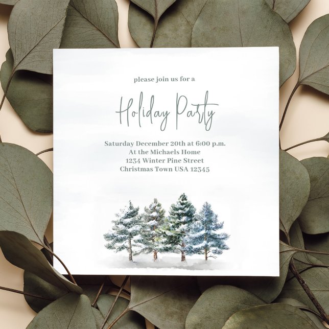 Invitation Watercolor Winter Pine Tree Fête (Holiday party invitation with watercolor winter pine trees. )