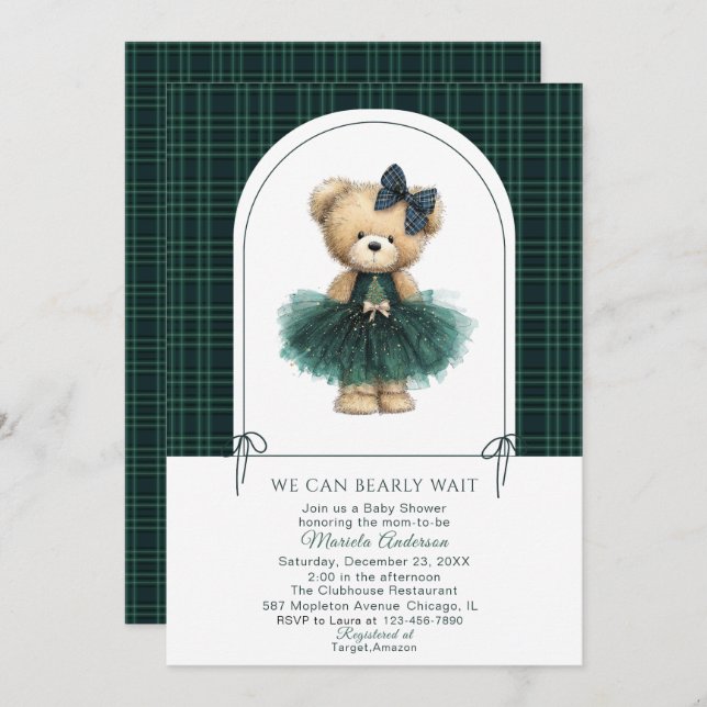 Invitation Watercolor  Winter  Teddy bear Christmas Baby Show (Devant / Derrière)