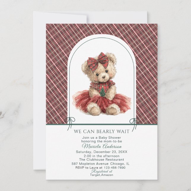Invitation Watercolor  Winter  Teddy bear Christmas Baby Show (Devant)