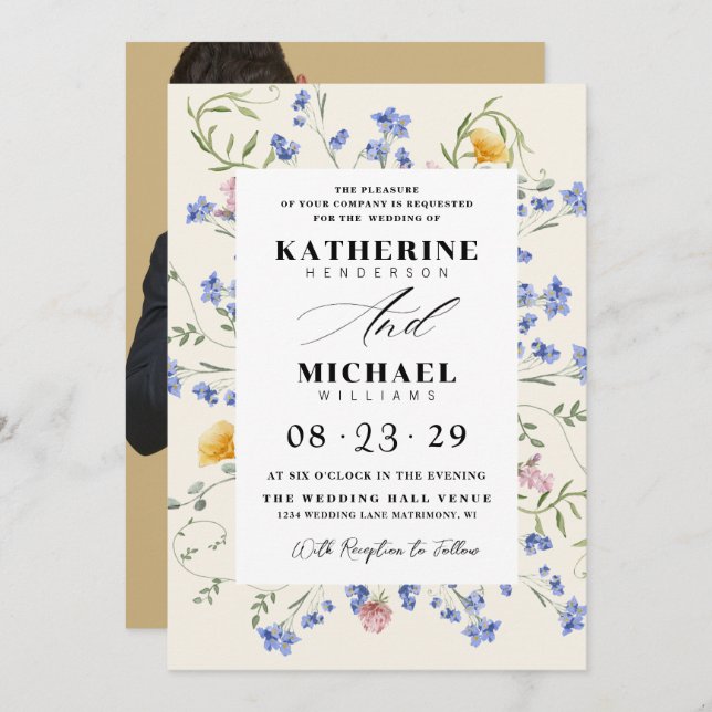 Invitation Watercolor Wldflowers Meadow & Add Photo Wedding (Devant / Derrière)