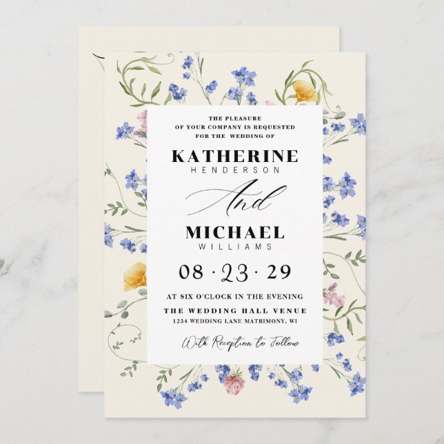 Invitation Watercolor Wldflowers Meadow Details RSVP Wedding (Devant / Derrière)