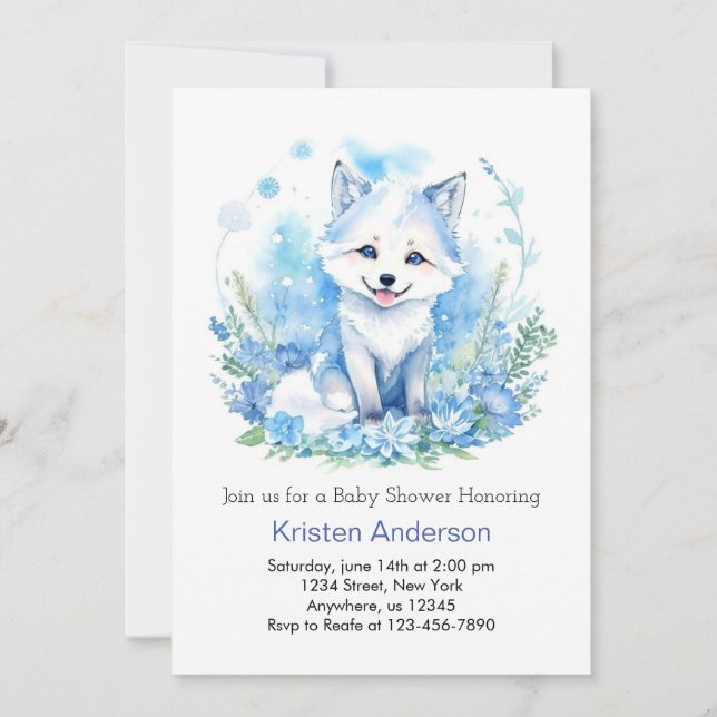 Invitation Watercolor Wolf Cub Baby shower garçon (Devant)