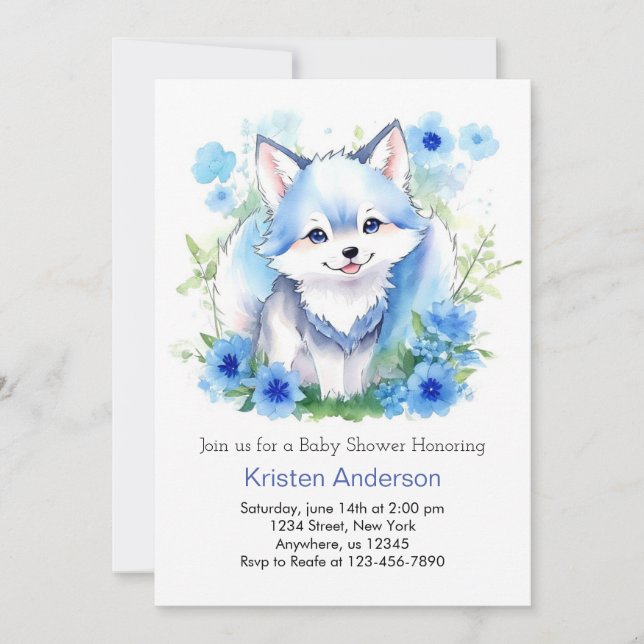 Invitation Watercolor Wolf Whimsical Boy Baby shower (Devant)
