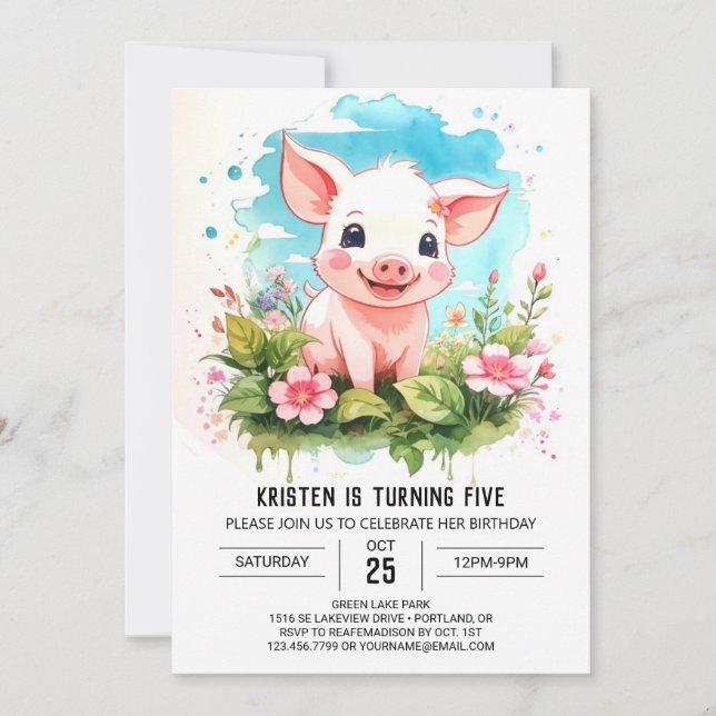 Invitation Watercolor Wonderland Piglet's Girl Birthday (Devant)