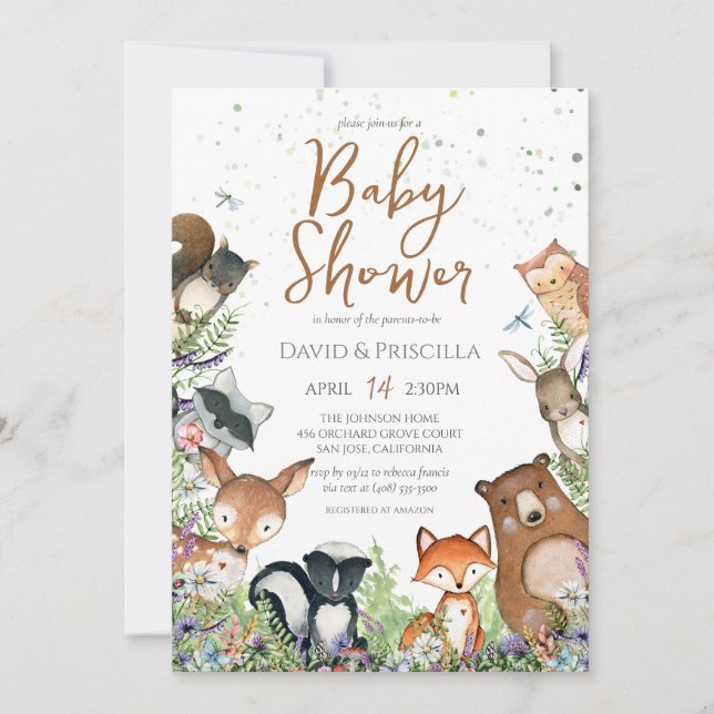 Invitation Watercolor Woodland Forest Friends Baby shower in (Devant)