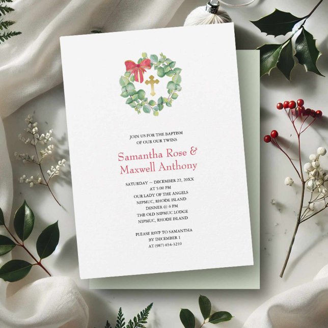 Invitation Watercolor Wreath and Gold Cross Baptism (Christmas wedding invitations watercolor eucalyptus wreath by Victoria Grigaliunas of VG Invites)