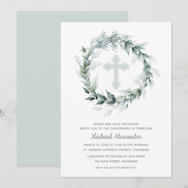 Invitation Watercolor Wreath Blue Christening (Devant / Derrière)