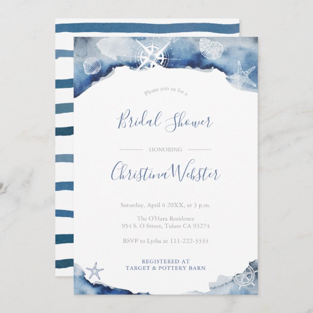 Invitation Watercolor Yachting Indigo Gris Fête des mariées (Devant / Derrière)