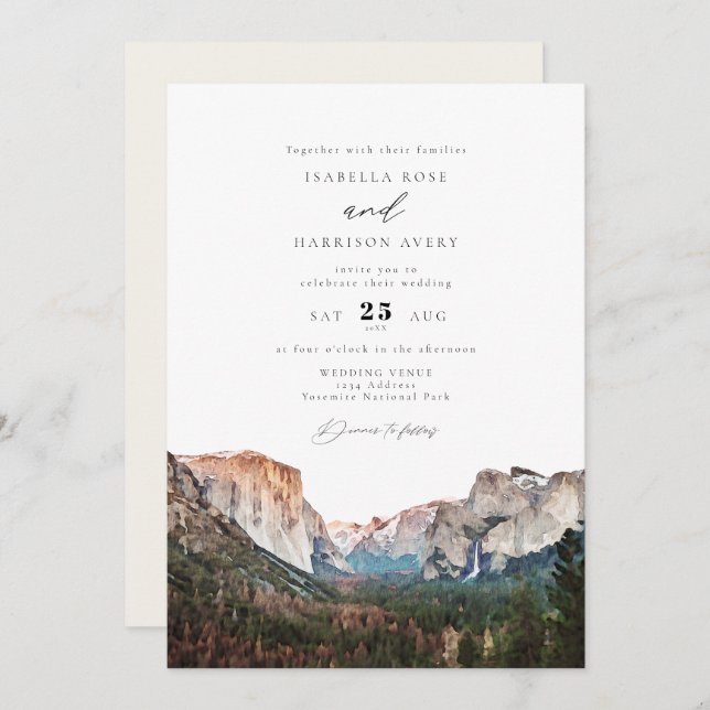 Invitation Watercolor Yosemite National Park Skyline Mariage (Devant / Derrière)