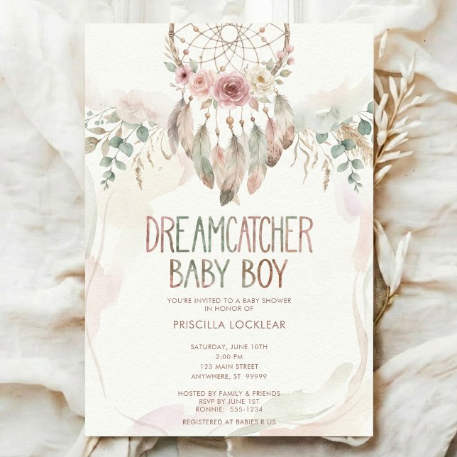 Invitation watercolour Boho flower Dreamcatcher Baby Shower (Créateur téléchargé)