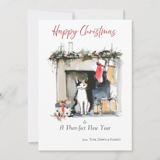 Invitation Watercolour Cat-themed Sketch Christmas Card (Devant)