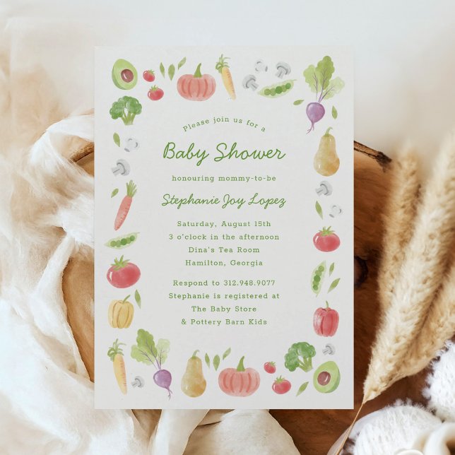 Invitation Watercolour Veggies Farmer's Market Baby Shower (locally grown baby shower invitation with farmer's market theme - watercolour vegetables)