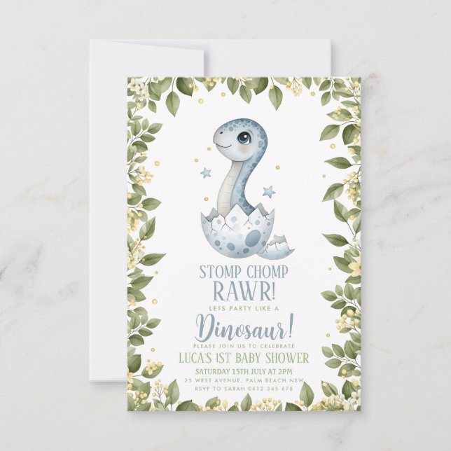 Invitation watercolour wildflower Dinosaur Baby Shower (Devant)