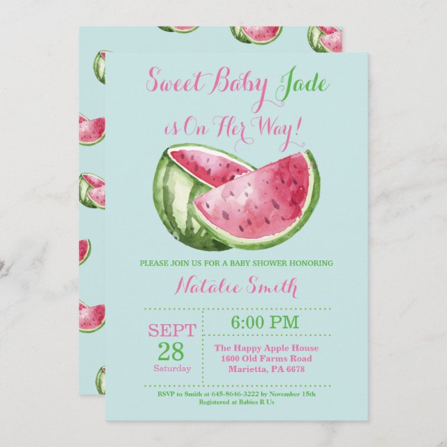 Invitation Watermelon Baby shower Aqua Turquoise Turquoise (Devant / Derrière)