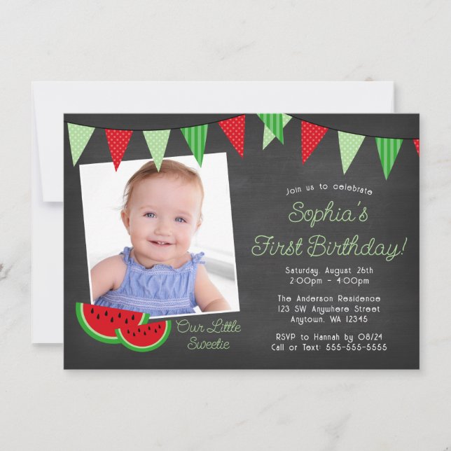 Invitation Watermelon Chalkboard Photo Anniversaire (Devant)