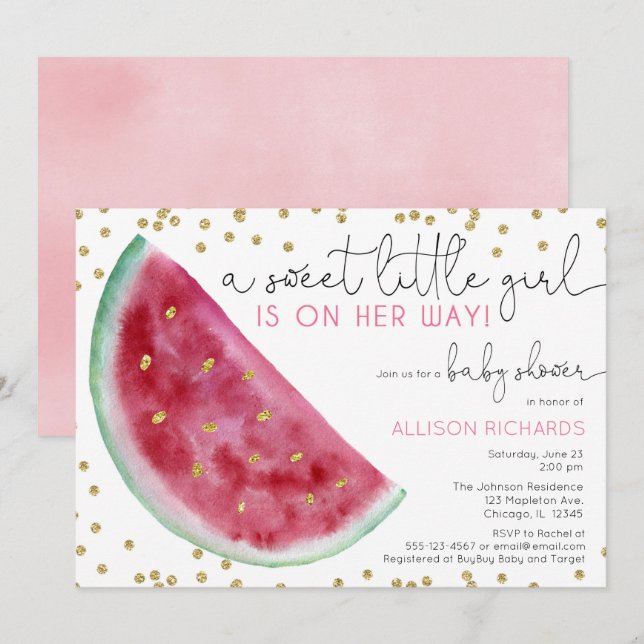 Invitation Watermelon fille baby shower douce petite fille (Devant / Derrière)