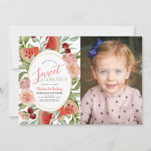 Invitation Watermelon Floral Sweet Girl Birthday Photo