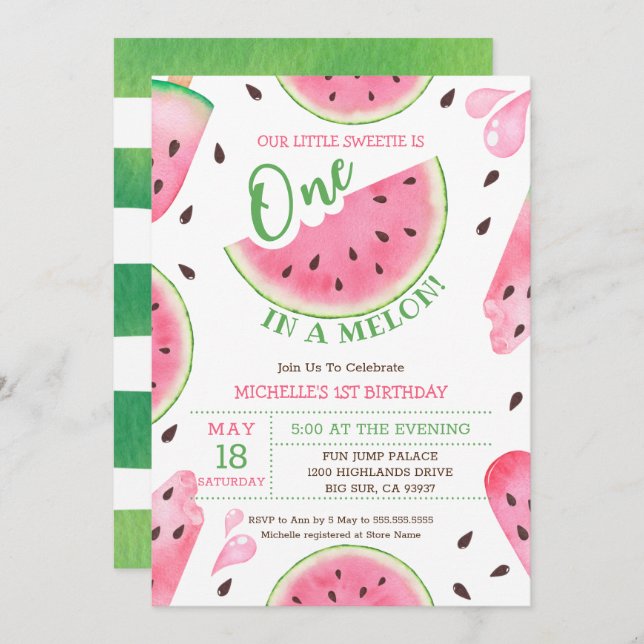 Invitation Watermelon One In A Melon 1er Anniversaire Invitat (Devant / Derrière)