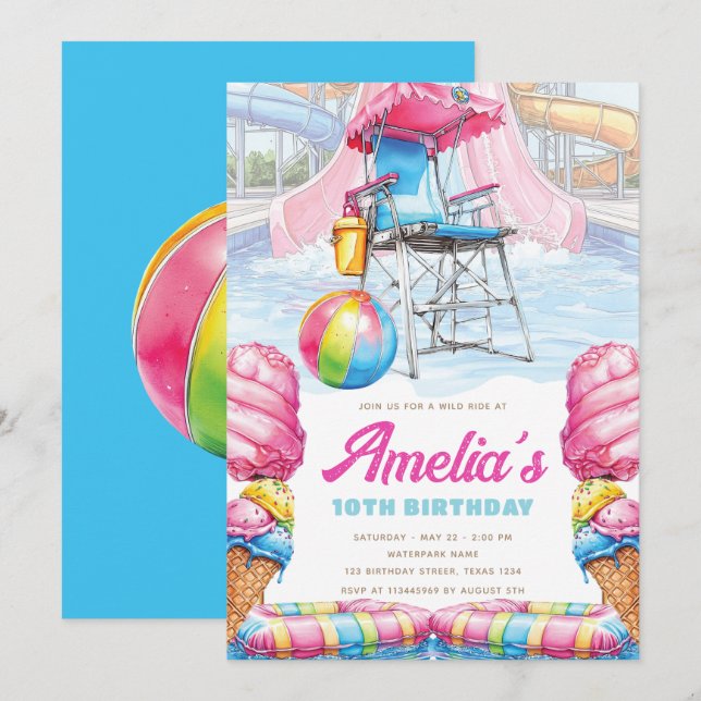Invitation Waterpark Birthday Lifeguard Chair & Pool Fun (Devant / Derrière)