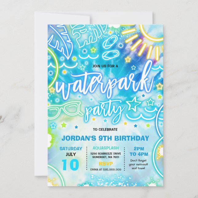 Invitation Waterpark Splash Pad Anniversaire Fête Tie Dye Glo (Devant)