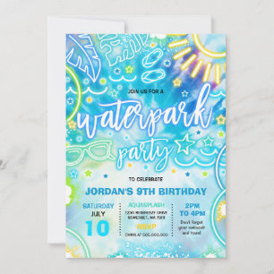 Invitation Waterpark Splash Pad Anniversaire Fête Tie Dye Glo