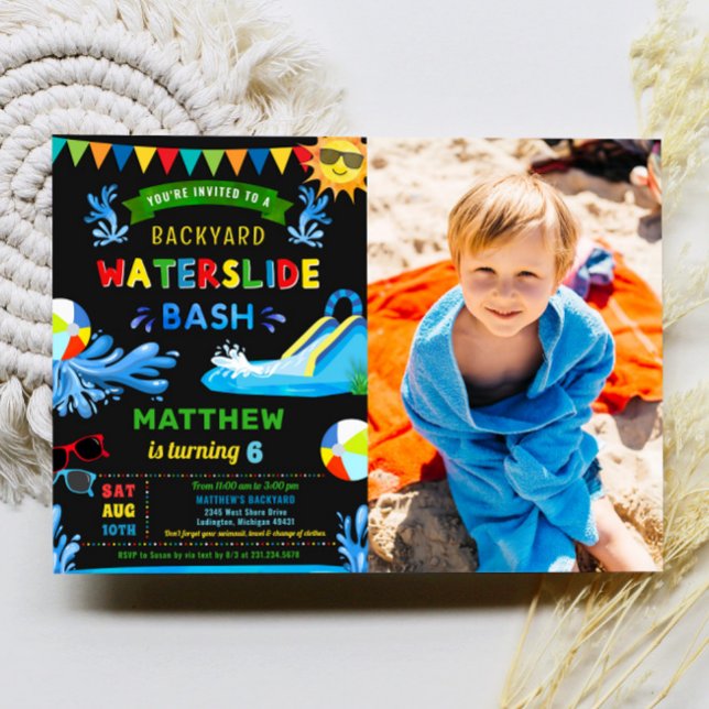 Invitation Waterslide Bash Summer Boy Birthday Party Photo (Waterslide Bash Summer Boy Birthday Party Photo Invitation)
