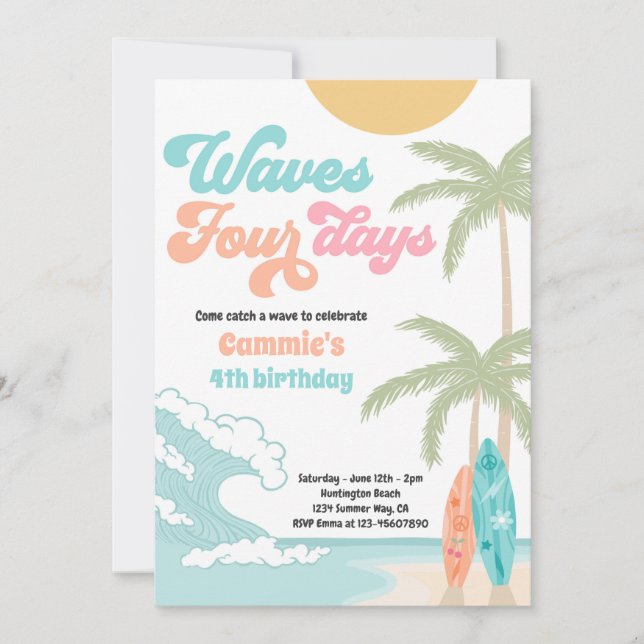 Invitation Waves Four Days Retro Surf Beach 4e anniversaire (Devant)