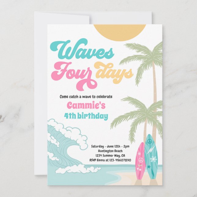 Invitation Waves Four Days Retro Surf Beach 4e anniversaire (Devant)