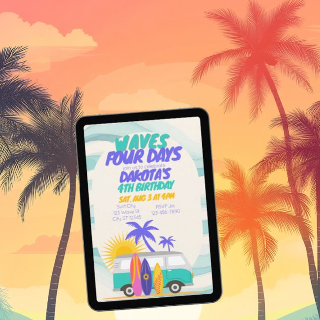 Invitation Waves Four Days Surf Van 4th Birthday (Créateur téléchargé)