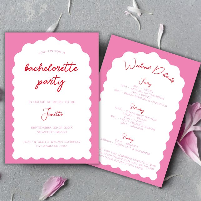 Invitation Wavy Arch Rose Et Rouge Moderne Bachelorette Week- (Wavy Arch Pink And Red Modern Bachelorette Weekend Invitation)