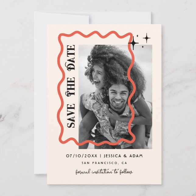 Invitation Wavy Frame Retro Photo Mariage Enregistrer La Date (Devant)