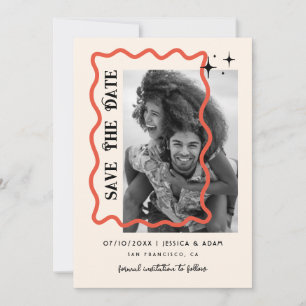 Invitation Wavy Frame Retro Photo Mariage Enregistrer La Date