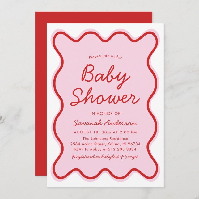 Invitation Wavy Moderne Curvy Retro Baby shower rose et rouge (Devant / Derrière)