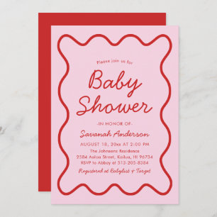Invitation Wavy Moderne Curvy Retro Baby shower rose et rouge