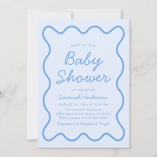 Invitation Wavy moderne Curvy Retro Boy Dusty Baby shower ble (Devant)