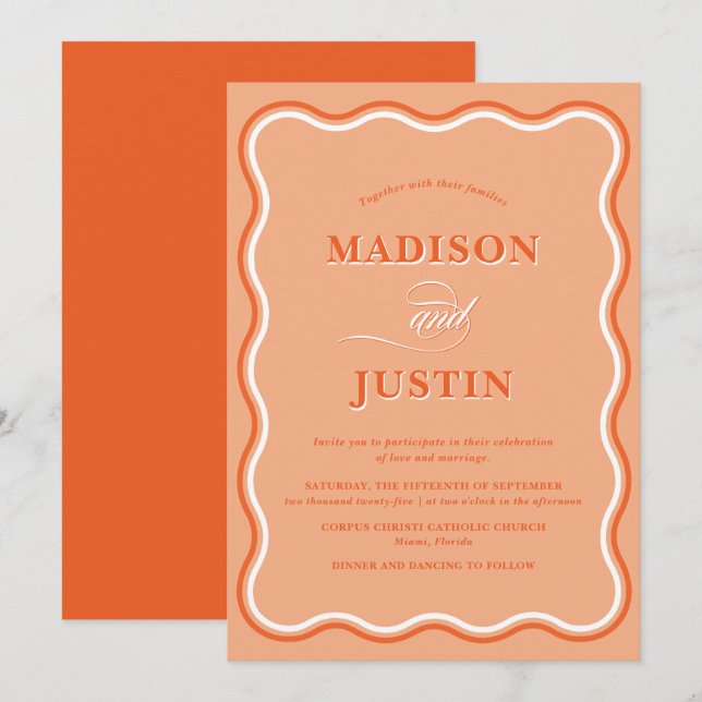 Invitation Wavy Peach Orange Mariage (Devant / Derrière)