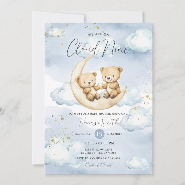 Invitation We Are On Cloud Nine Blue Bear Baby Shower  (Devant)