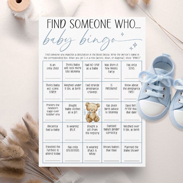 Invitation We Can Bearly Wait Baby Boy Shower Bingo Game Card (We can bearly wait watercolor teddy bear blue baby boy shower Find Someone Who fun bingo game card)
