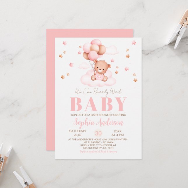 Invitation We can Bearly wait Balloons Girl Baby Shower (Devant/Arrière en situation)