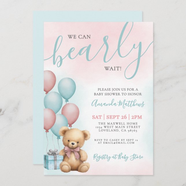 Invitation We Can Bearly Wait Bear Baby Shower (Devant / Derrière)