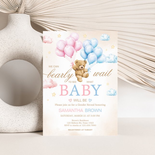 Invitation We Can Bearly Wait Bear Gender Reveal  (Bear Balloon He or She Gender Reveal Invitation)